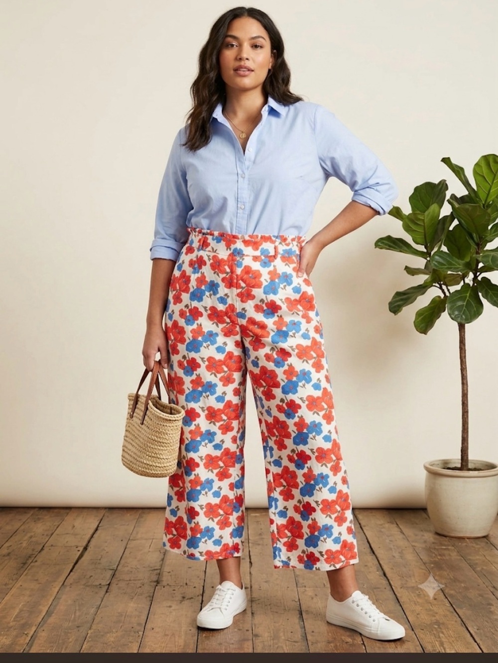 Bunulu Vibrant Floral Wide Leg Cottagecore Culottes Flowy Crop Pants Large.